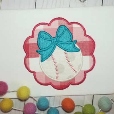 Baseball w bow scallop applique